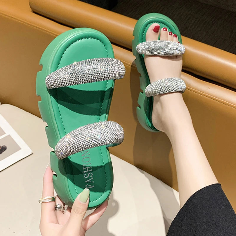 

Rimocy Fashion Thick Bottom Crystal Slippers Woman 2022 Open Toe Casual Plaftrom Slides Woman Bling Rhinestones Chunky Sandals