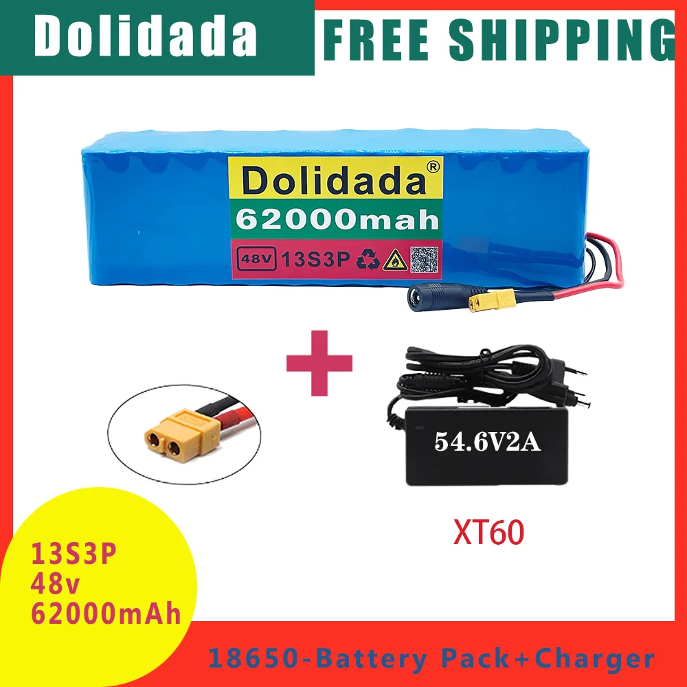 

Литий-ионный аккумулятор 48v62ah 1000w 13s3p 48v Xt60 для электровелосипеда, скутера 54,6 v с зарядным устройством Bms + 54,6 v