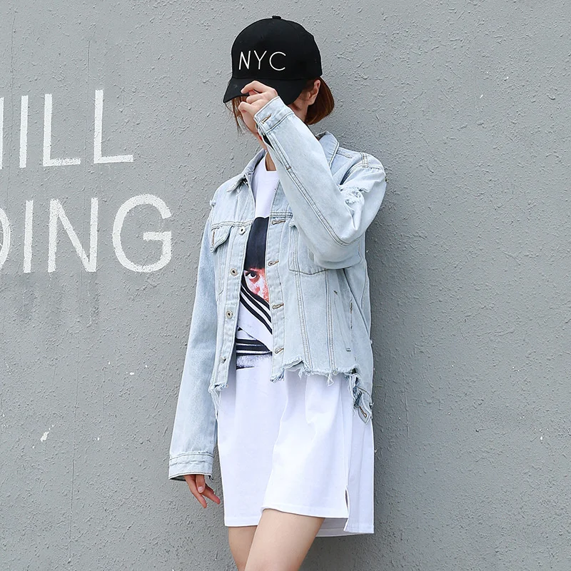

Spring New Fashion Women Denim Jacket Single breasted Stand Hole Loose Coats Long sleeves Female Casual Punk Outerwear C 351