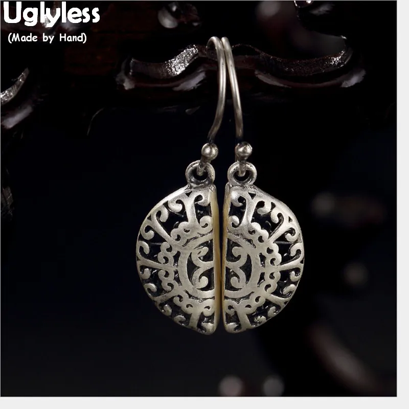 

Uglyless Real Solid 990 Pure Silver Dumplings Fine Jewelry for Women Ethnic Totem Patterns Moon Earrings Thai Silver Semicircle