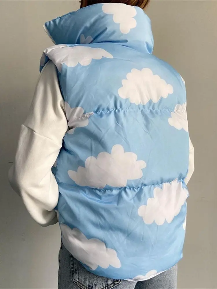 Standing Collar Cloud Print Zip Sleeveless Short Padded Vest Woman 2022 Autumn/Winter Women's Coat Puffer Jacket Women Parkas