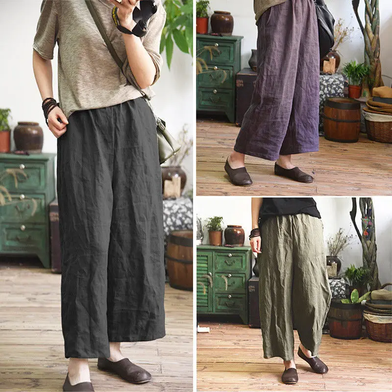 

2021 Ladies Casual Simple Large Size Cotton and Linen Loose and Comfortable Nine-point Wide-leg Pants