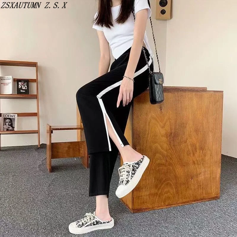 

Summer New Women Split Wide Leg Nine Points Pants High Waist Baggy Slacks Straight Leg Trouser Female All-Match Vintage Pantalon