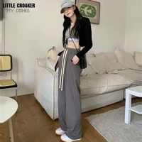 woman wide leg pants casual spring summer loose double button female floor length office ladies suits pants ladies long trousers