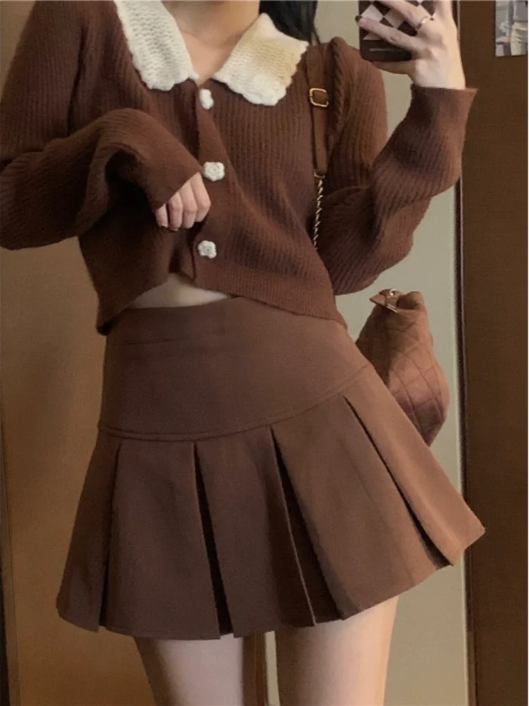 

Korean Style Knitted Suit Women's Autumn Winter Warm Mini Skirts 2022 Trend Chic Elegant Sweater Women's Skirt And Cropped Set