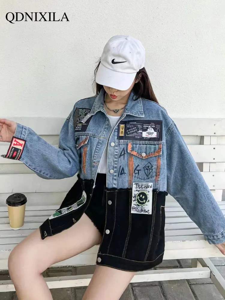 

Women's Jacket Korean Dongdaemun 2023 New Outerwear Splicing Graffiti Stickers Denim Jacket Loose Big Size Women's Clothing
