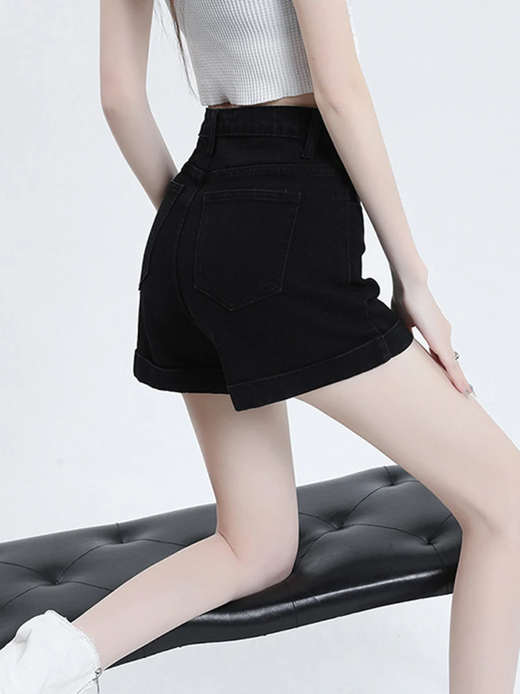 Spring Summer Women High Waist Wide Leg Black Denim Shorts Streetwear Female Loose Button Jeans Shorts Bottoms