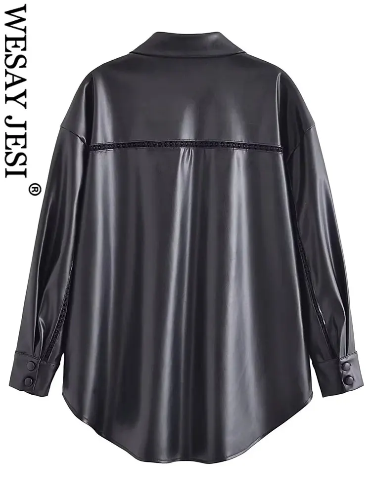 WESAY JESI Womens Fashion Faux Leather Shirt Jacket Single Breasted Lace Trim Long Sleeve Lapel Pu Jacket Coat Female Streetwear
