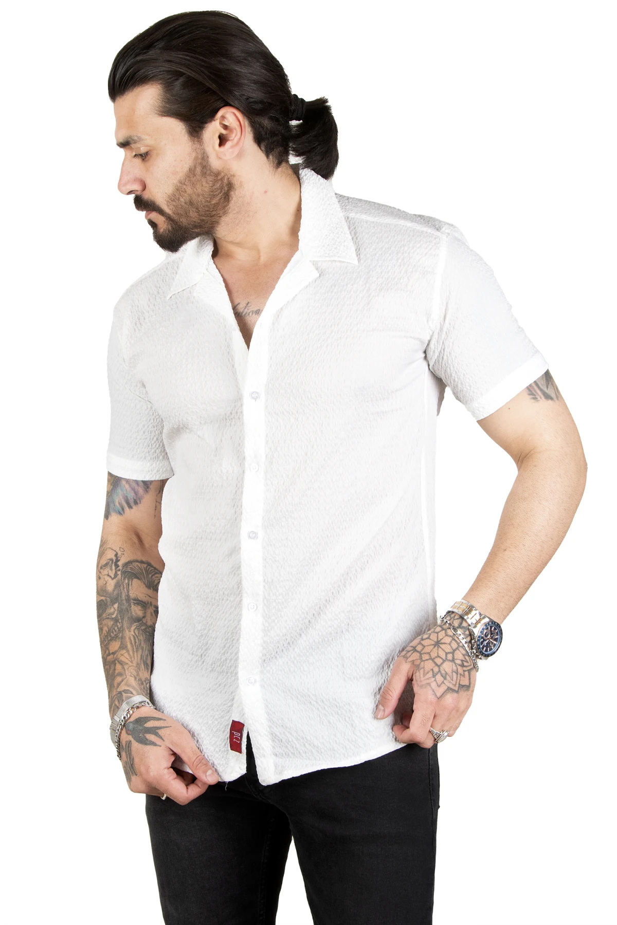 DeepSEA creasing fabric buttoned lycra applique collar short sleeve men's shirt 2104042