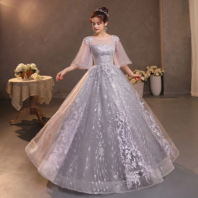 

Серое Пышное Платье; Новинка; Кружевное бальное платье с цветочным рисунком и короткими рукавами; Классическое элегантное блестящее платье Suknia Balowa; Размера плюс Vestidos