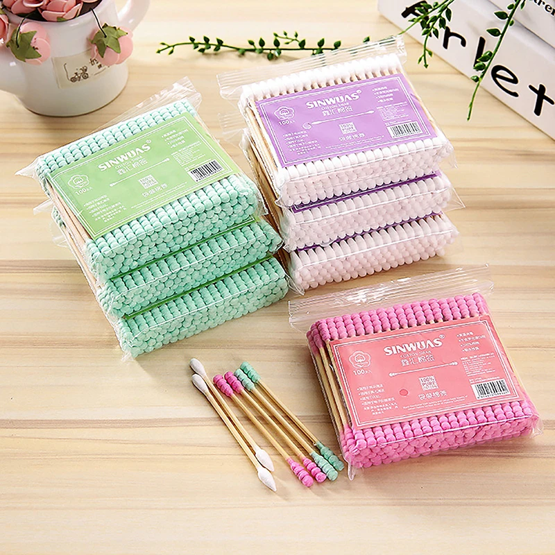 

100pcs Pack Double Head Cotton Swab Women Makeup Cotton Buds Tip For Medical Wood Sticks Nose Ears Cleaning Health Care Tools