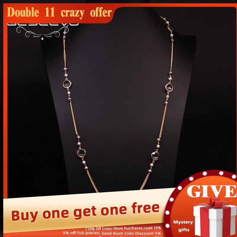 

GLSEEVO Natural Fresh Water Pearl Long Necklace Zircon Women Luxury Sweater Chain Fine Jewelry Party Valentines Day Gift GN0184