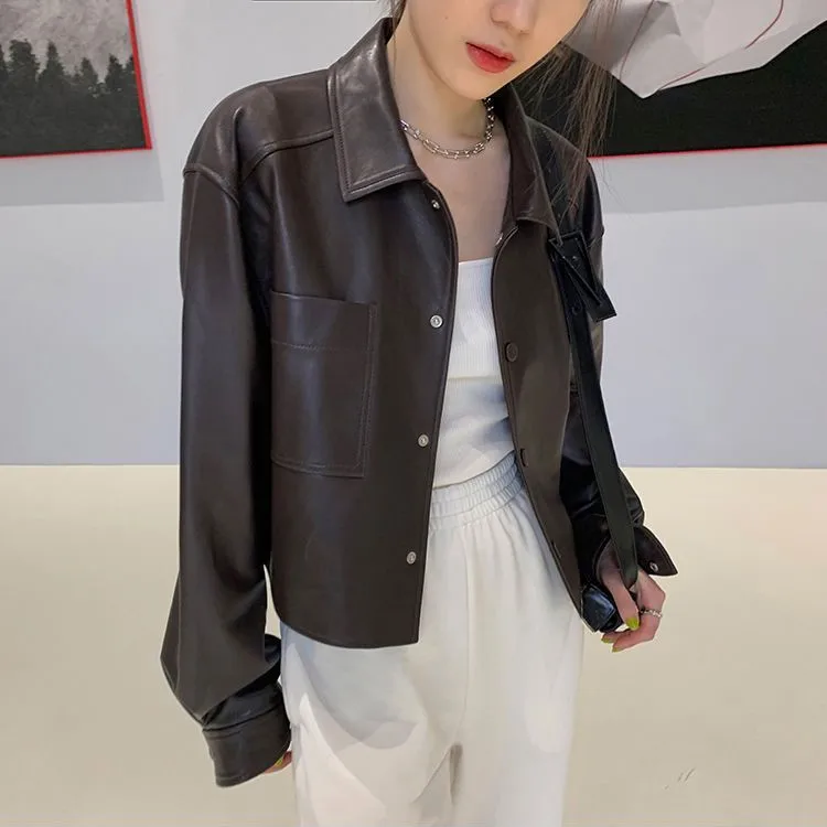 Vintage PU Leather Jacket Women Button Up Lapel Collar High Waisted Motorcycle Jackets Spring Fall Outfits Coats