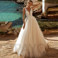 simple wedding dress sexy v neck sleeveless exquisite appliques crystal tulle beach prom gown vestido de novia for women