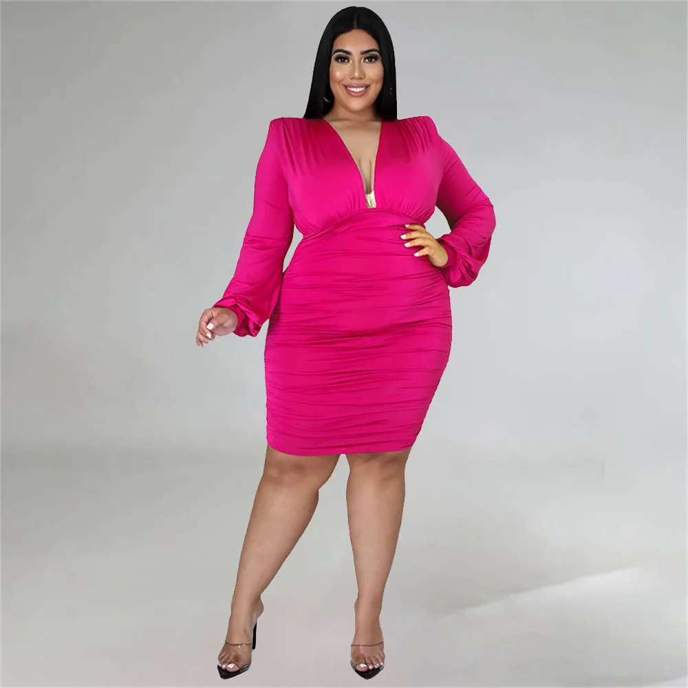 

Plus Size Elegant Bodycon Sexy Party Dress For Women V Neck Long Sleeve Skinny Knee Length Vestidos Office Lady Night Banquet