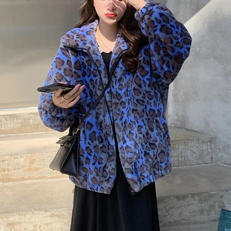 Retro  Leopard Lamb Plush Coat Women's Short Fur Autumn Winter Korean Loose Thickened Wool Coat  faux fur coat   Casual