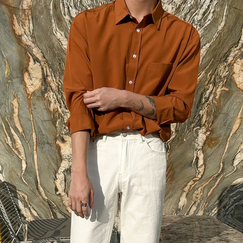 

SYUHGFA 2023 Autumn Solid Color Shirt Trend Men's Long Sleeve Loose Casual Top Korean Style Business Male Tide Clothing