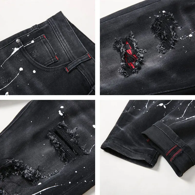 High Street Fashion Men Jeans Retro Black Gray Stretch Painted Skinny Ripped Jeans Men Patched Designer Hip Hop Pants Hombre