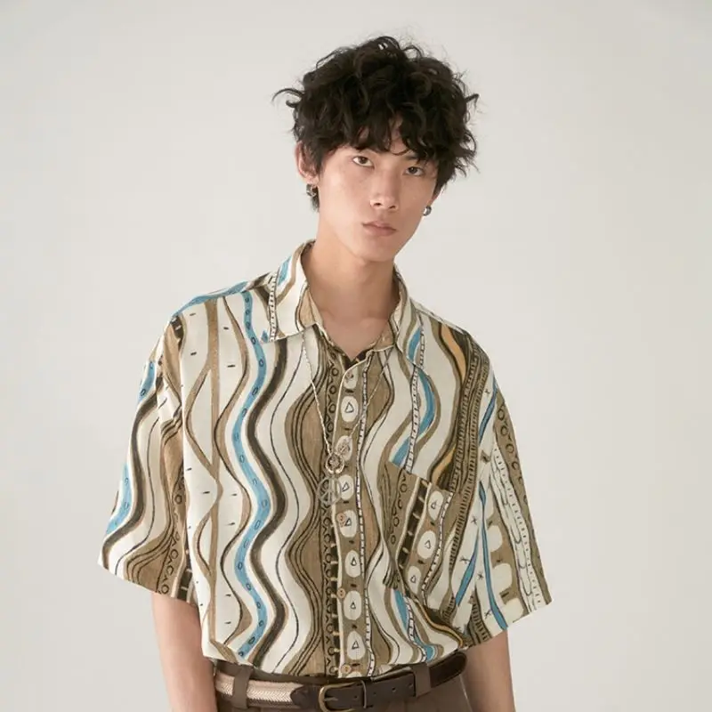 

Рубашка женская с геометрическим принтом, Повседневная Уличная одежда на пуговицах, с коротким рукавом, свободная уличная одежда для пар, синяя волна, большие размеры 2XL, на лето