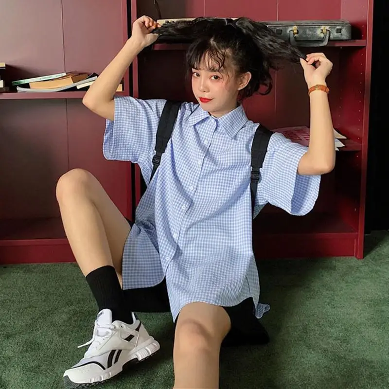 Рубашка в клетку с коротким рукавом японском стиле женская дизайнерская нишевая