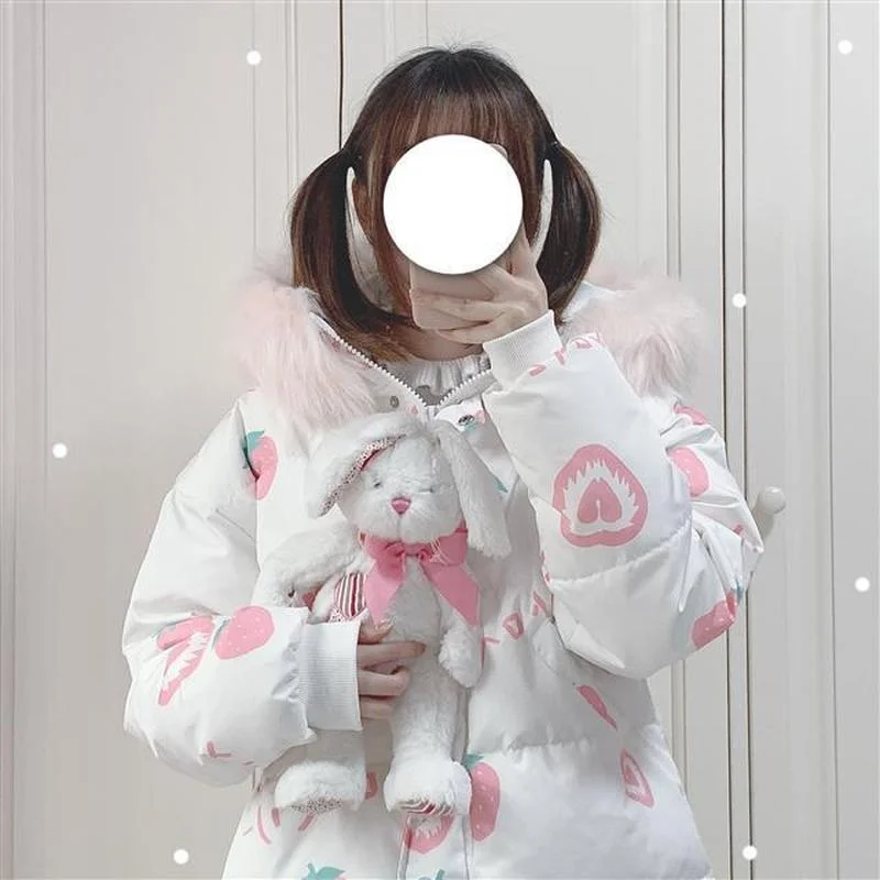 Winter 2022 New Japanese Women's Sweet Coat Cartoon Print Warm Coat Girl Kawaii Hooded Coat Fashionable Female Woman Jacket