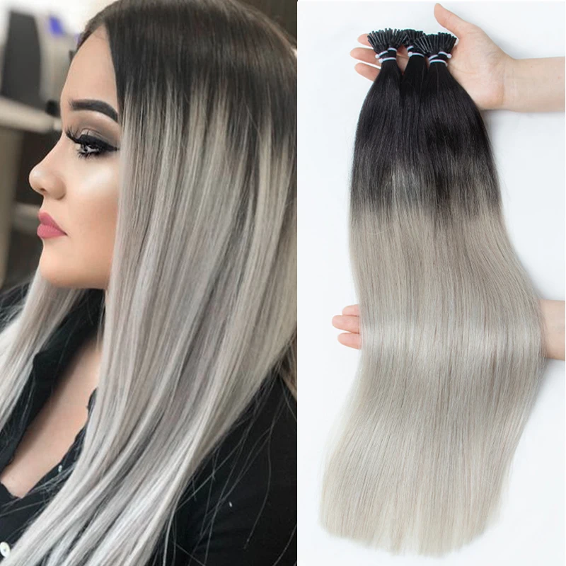 Ombre Balayage I Tip Hair Extensions Straight Human Hair Natural Hair Extension Ash Blonde T1B-Silver 20inch 50cm 1g/pc 50g