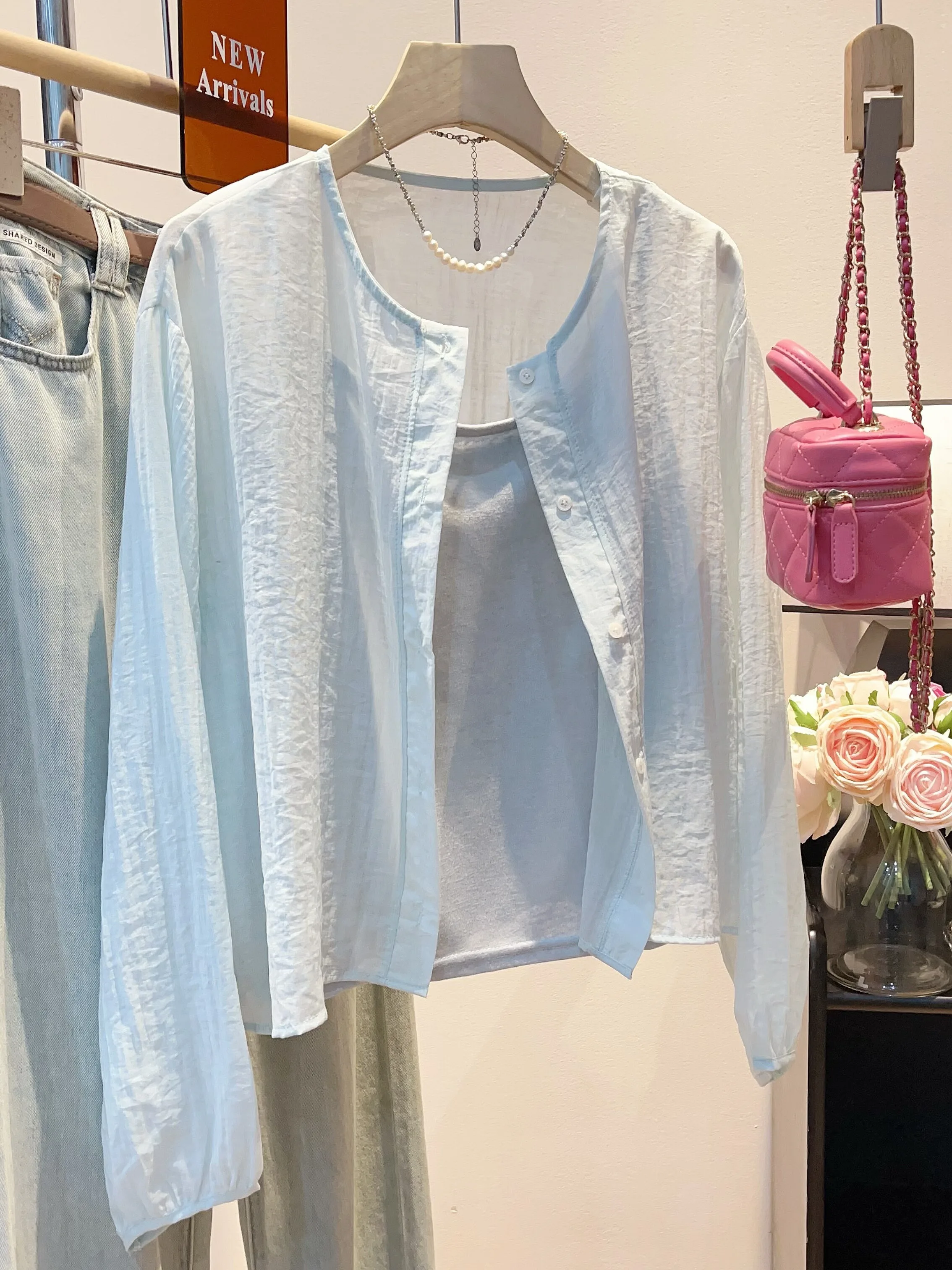 2024 Summer New Korean Series Casual Fashion Top Versatile Long sleeve Thin Sun Protection Shirt round Neck Short Outerwear W...