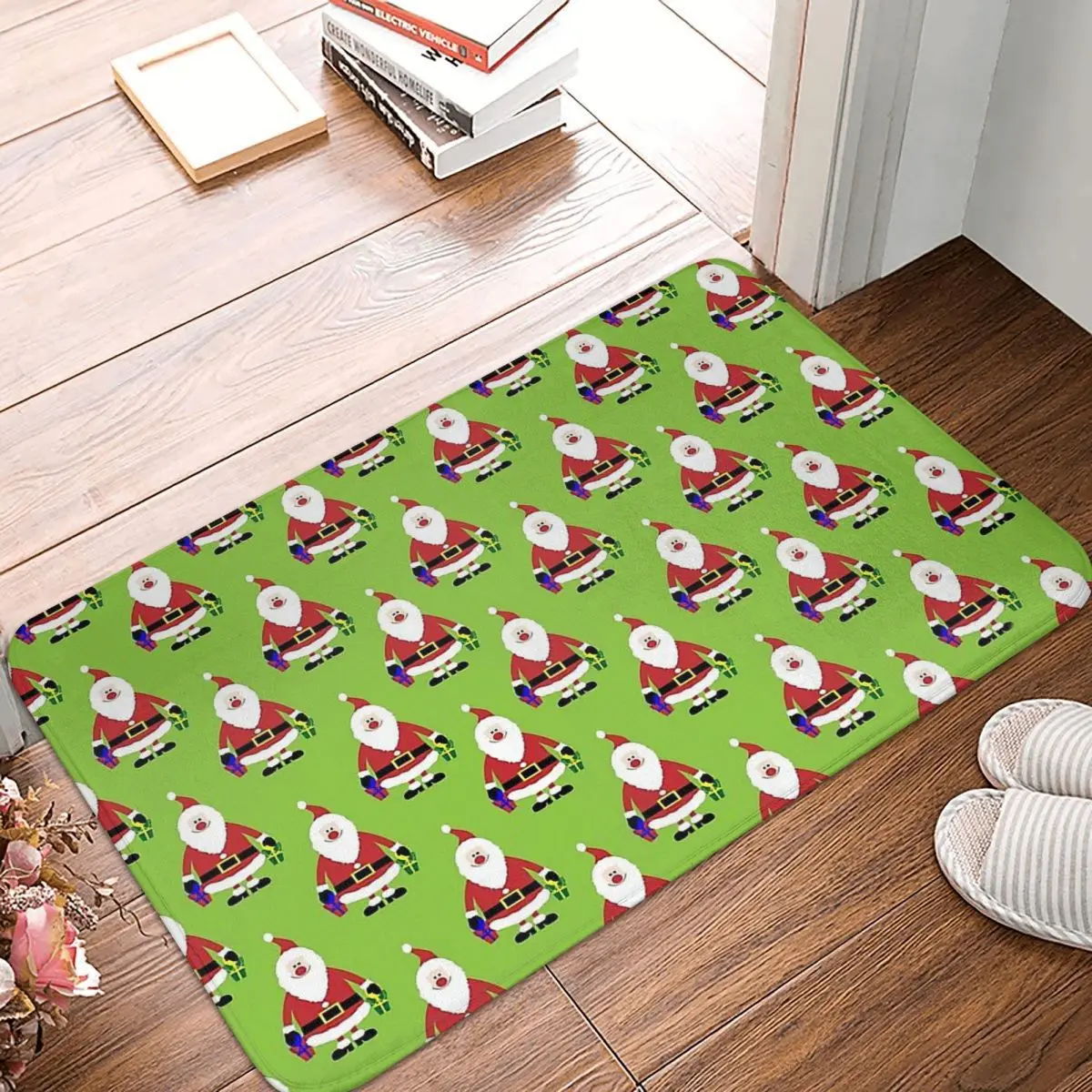 

Merry Christmas Bath Non-Slip Carpet Festive Santa Pattern Flannel Mat Welcome Doormat Floor Decor Rug