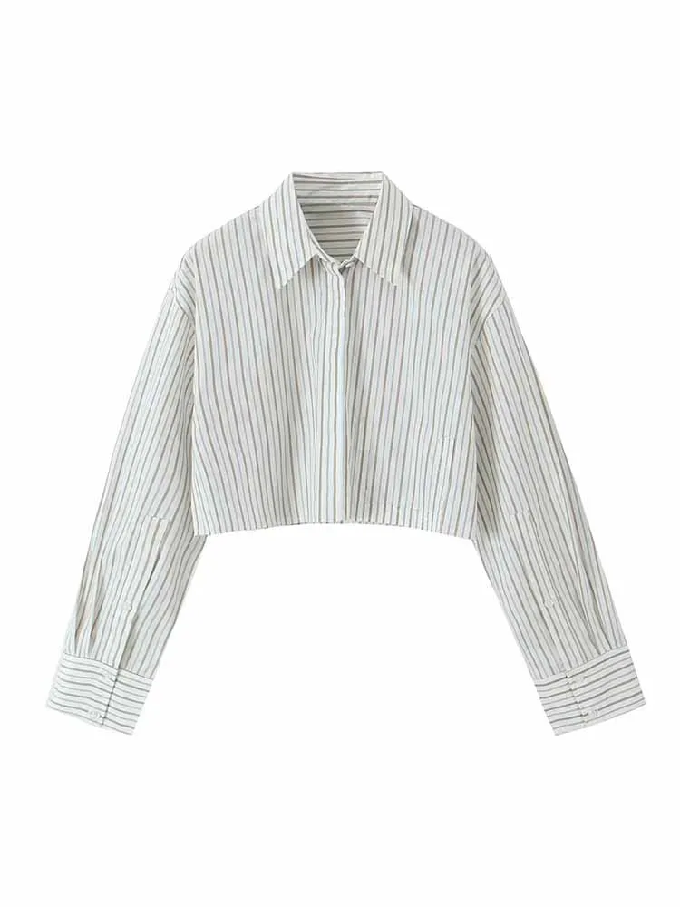 

Women New Fashion Versatile style Cropped stripe Casual Blouses Vintage Long Sleeve Button-up Female Shirts Chic Tops
