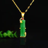 chinese natural chalcedony hand carved bamboo pendant fashion boutique jewelry men and women green agate necklace gift