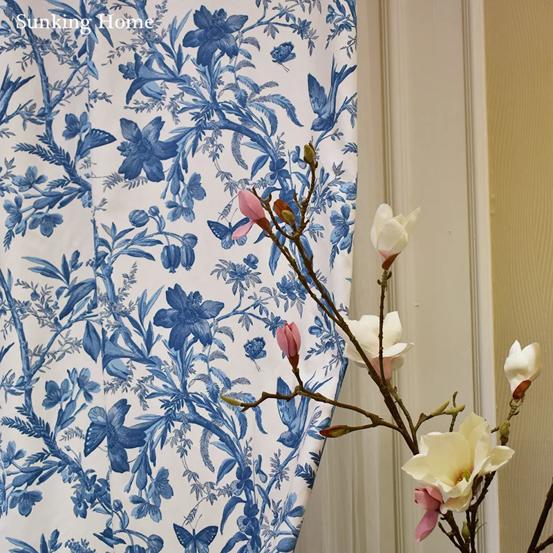Шторы с изображением цветов островка бабочки синие занавески для гостиной