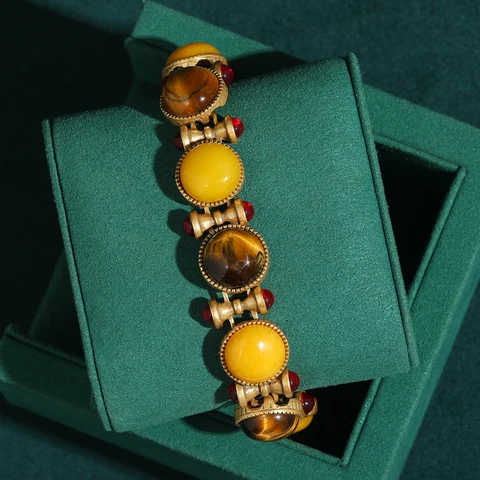 Винтажный браслет с тигровым глазом, желтый пчелиный воск, подвеска цвета античного золота, натуральный камень, женские роскошные модные ювелирные изделия, 2025 г., высокое качество
