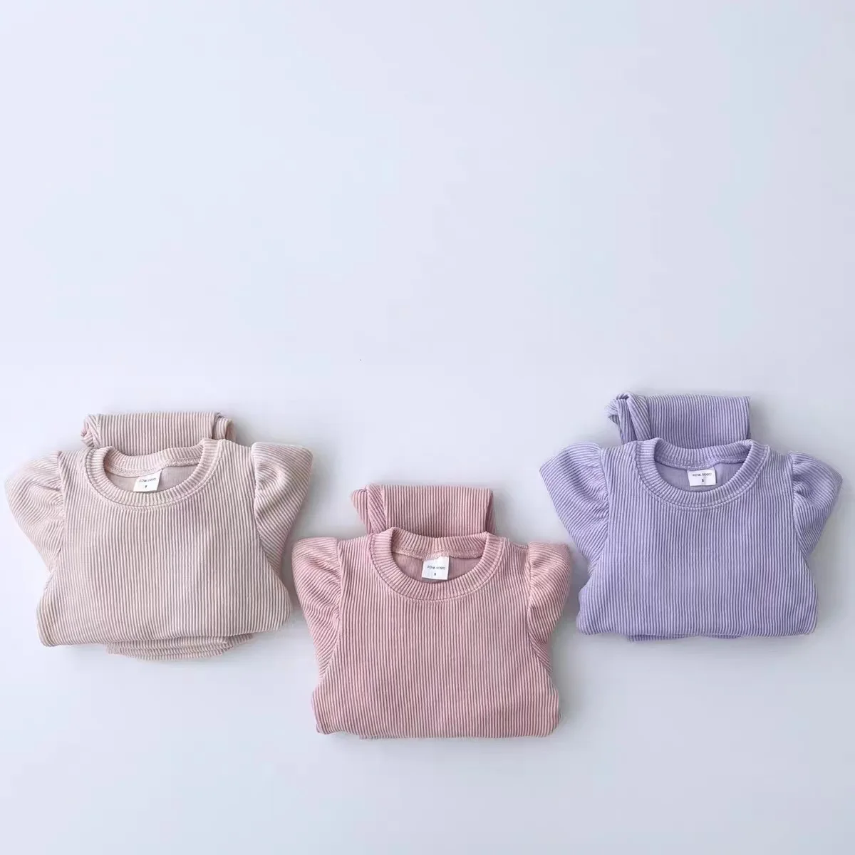 

2023 New Autumn Kids Boutique Clothing Girls 2 Pieces Sets Solid Color Fresh All-match T Shirt Pants Sweet Knitted Bell Bottom