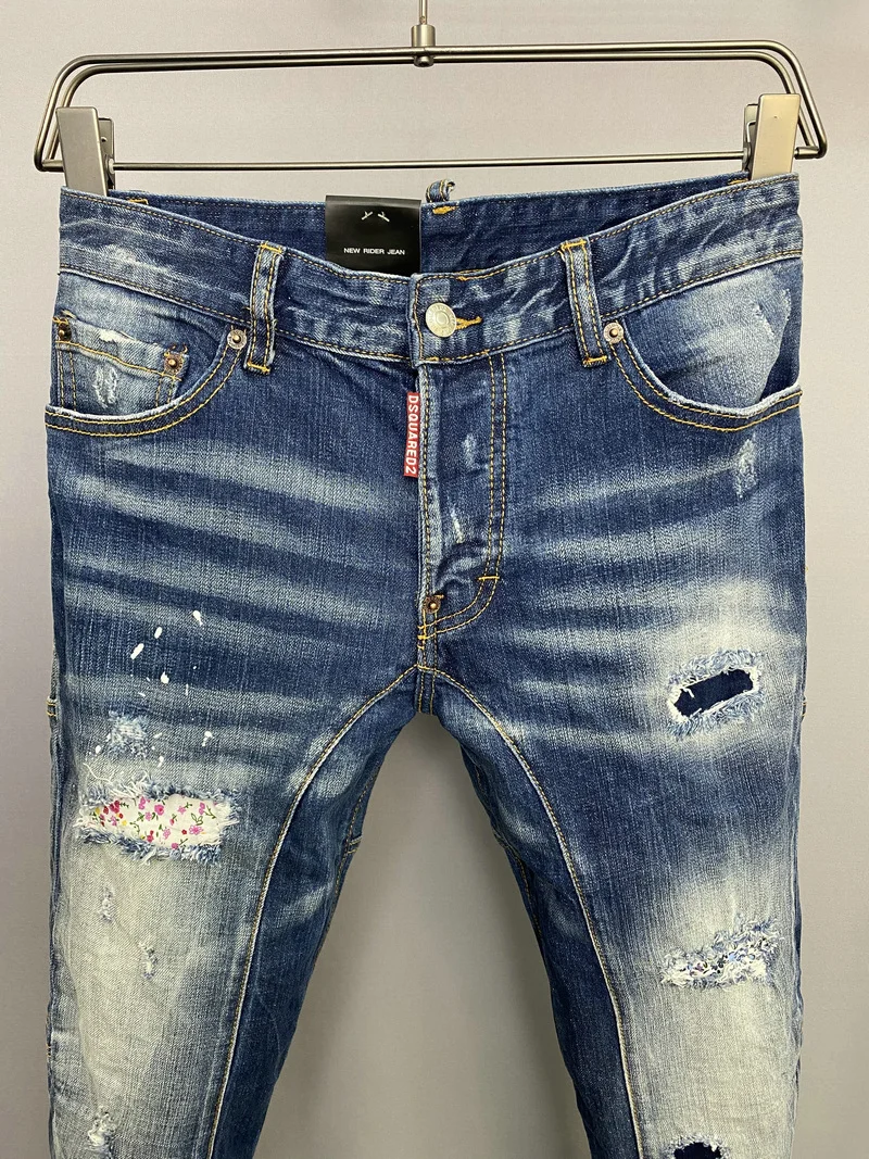 New Men's Dsquared2 Buttons Jeans Ripped For Male Skinny  Pants Men's Denim Trousers Top Quality Slim Jeans A189