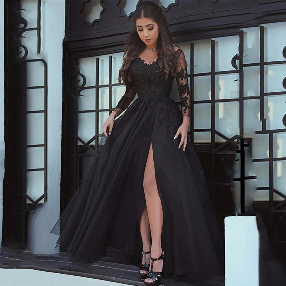 

GUXQD Lace Evening Dresses Black Illusion Long Sleeves Elegant Formal Prom Gown With Slit Princess Party Dresses Plus Size