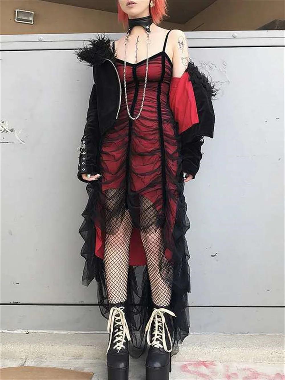 

Women Goth Grunge Gauze Camisole Dress Female Gothic Style Punk Midi Camis Dresses Night Sexy Club Wear Y2k Fairycore Robe