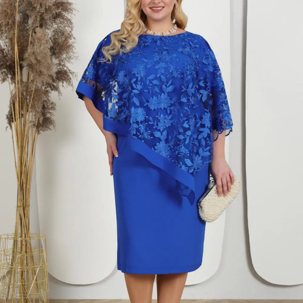 

Half Sleeves Dress Stunning Plus Size Embroidered Floral Mesh Dress Elegant Knee-length Formal Attire for Wedding Party Prom