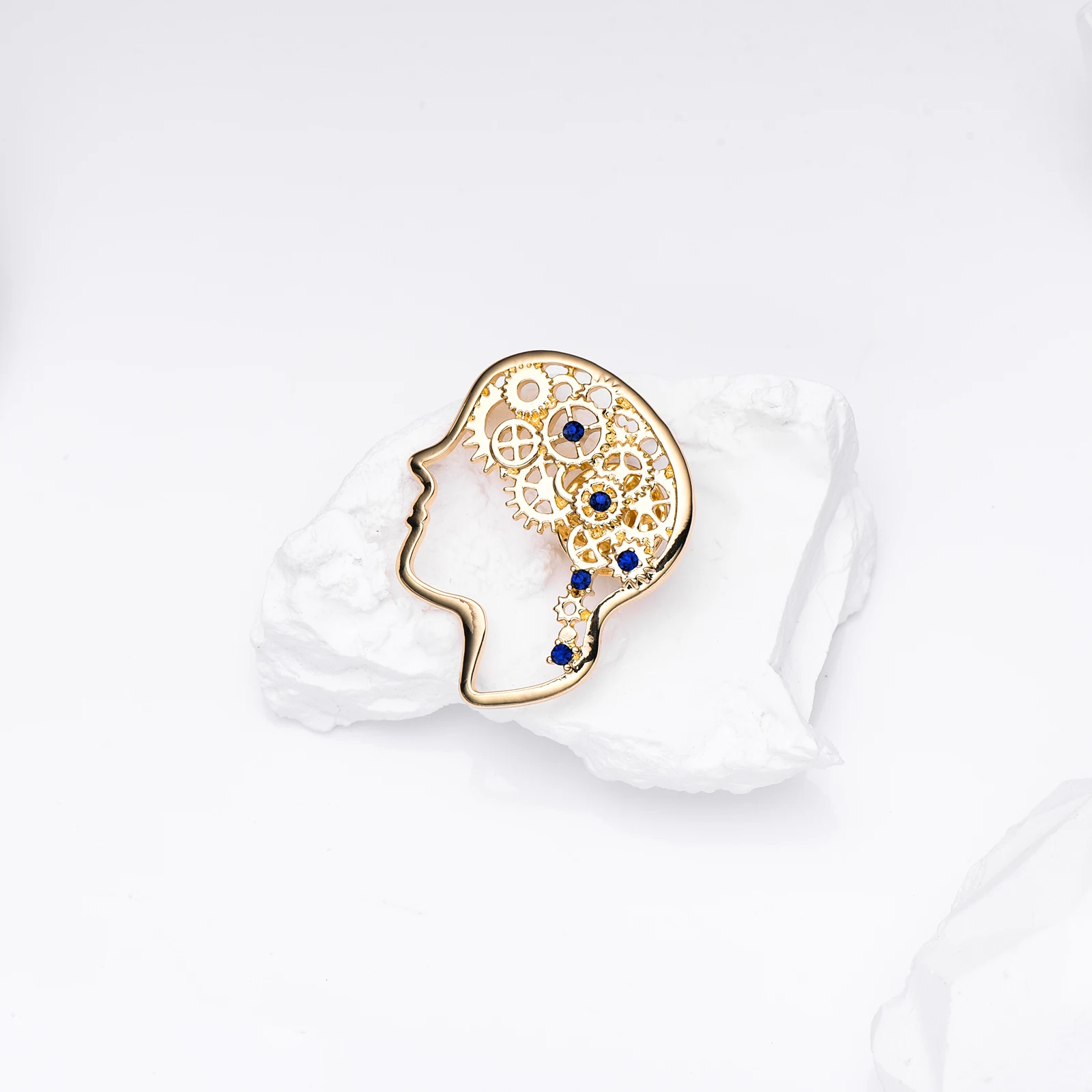 Brain Head Gear Brooch Pins Classic Gold Color Metal with Crystal Medical Lapel Badge Jewelry for Doctor Nurse
