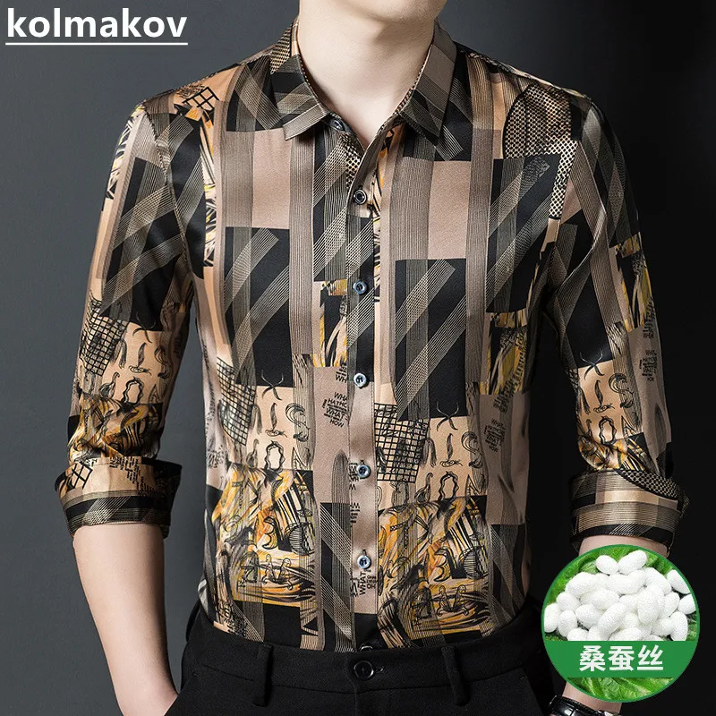 

Новинка весна-осень 2022, Мужская классическая модная Полосатая Шелковая Рубашка с длинными рукавами, мужская деловая Повседневная Свободна...