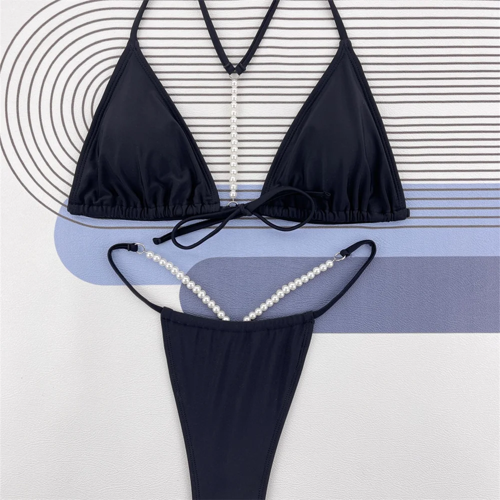 Жемчужное бикини Chanis с открытой спиной экстремальный купальник микро танга