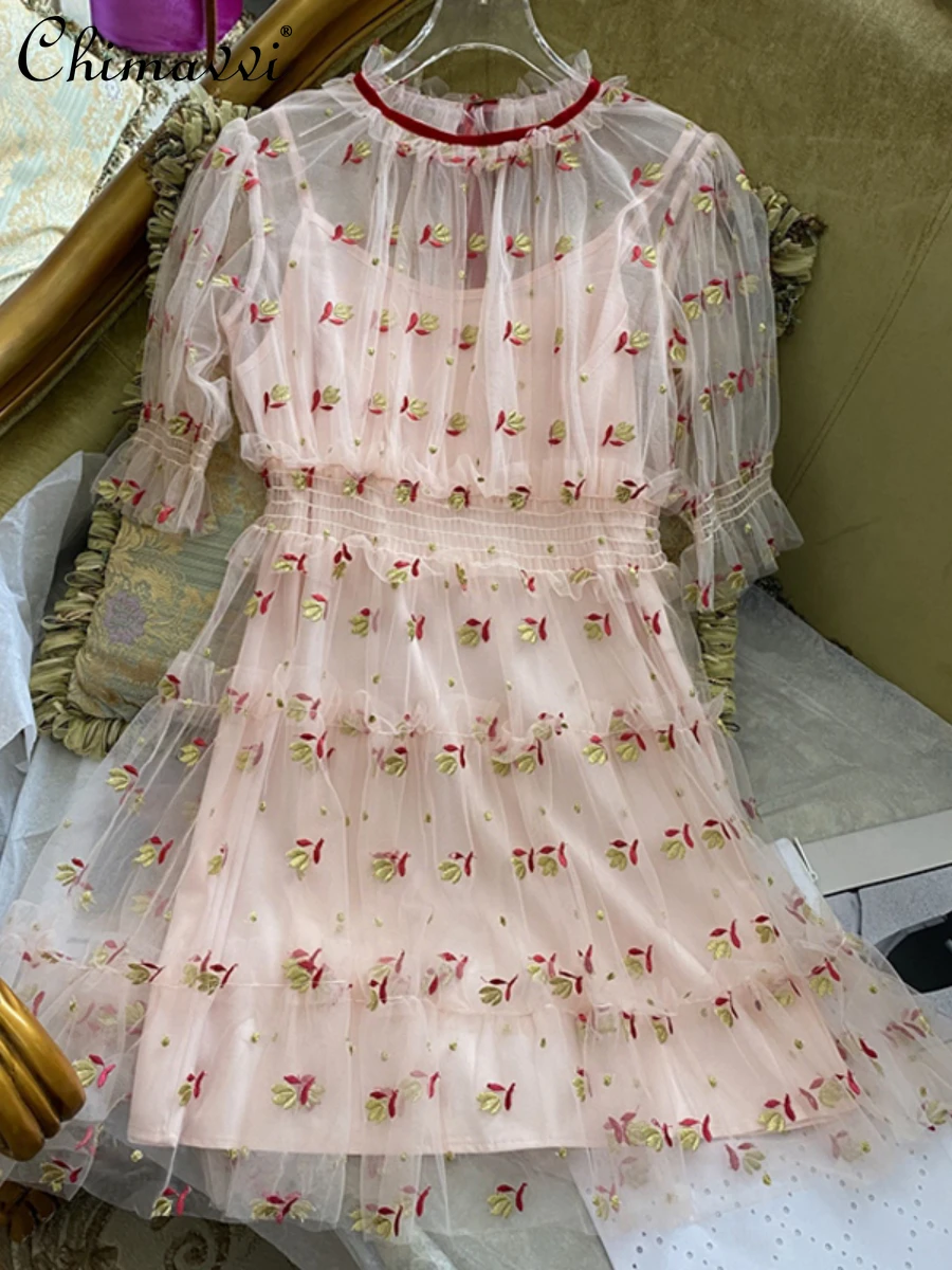 

2022 Summer New Embroidery Ruffle Collar Dress Female Fashion Puff Sleeve High Waist Slim Mesh Bow Short Sleeve Princess Dress