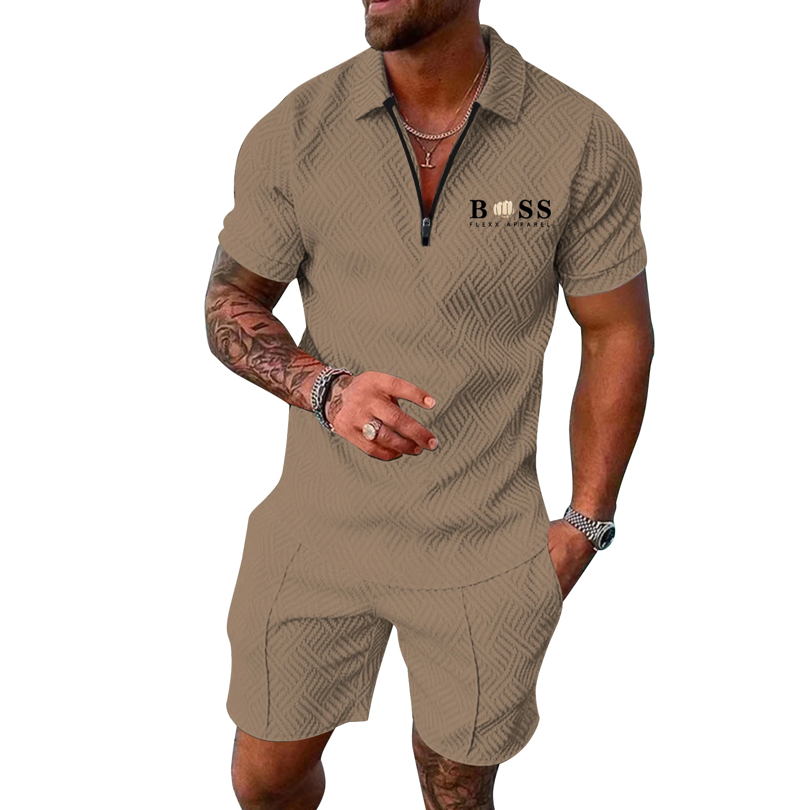 Men Summer Brand Tracksuit Fashion Turn Down Collar Zipper Polo Shirt+Shorts Sports Jogging Suit Casual Stylish Sweatersuit Set