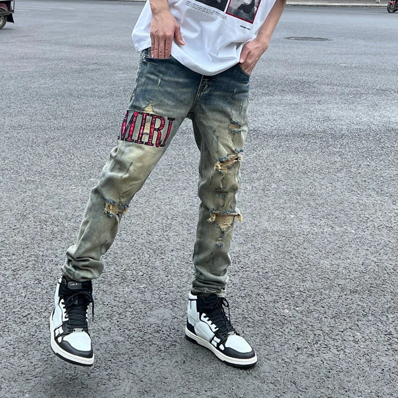 Street Fashion Men Jeans Retro Yellow Blue Stretch Skinny Ripped Jeans Men Elastic Trousers Patches Designer Hip Hop Brand Pants