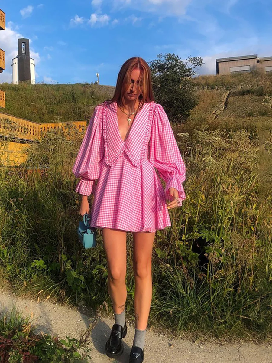 

Spring New Wooden Ear Edge V-neck Pink Plaid Doll Neck Long-sleeved Dress Elegant A-line Skirt Y2K Mini Skirt Evening Dress