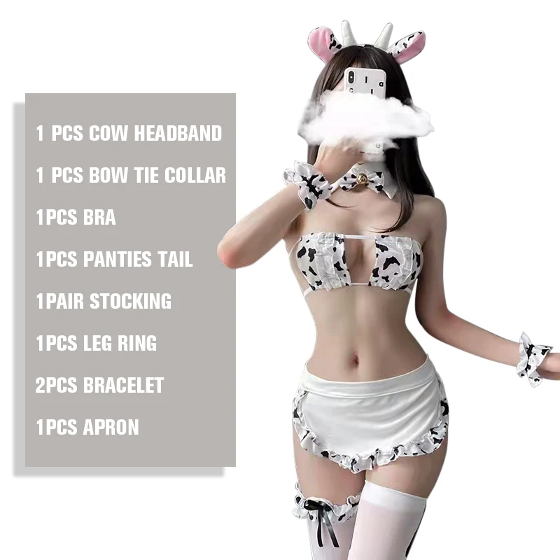 

Sexy Cos Cow Cosplay Costume Maid Lolita Bra Anime Girls Tankini Bikini Swimsuit Swimwear Clothing And Panty Set Stockings