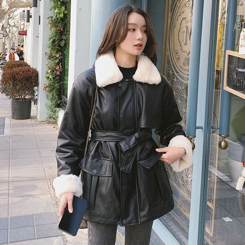 New Autumn Winter Warm Leather Jacket Women's Short Slim Faux Rabbit Fur Collar PU Biker Coat Thicken Fur Liner Female Clothing