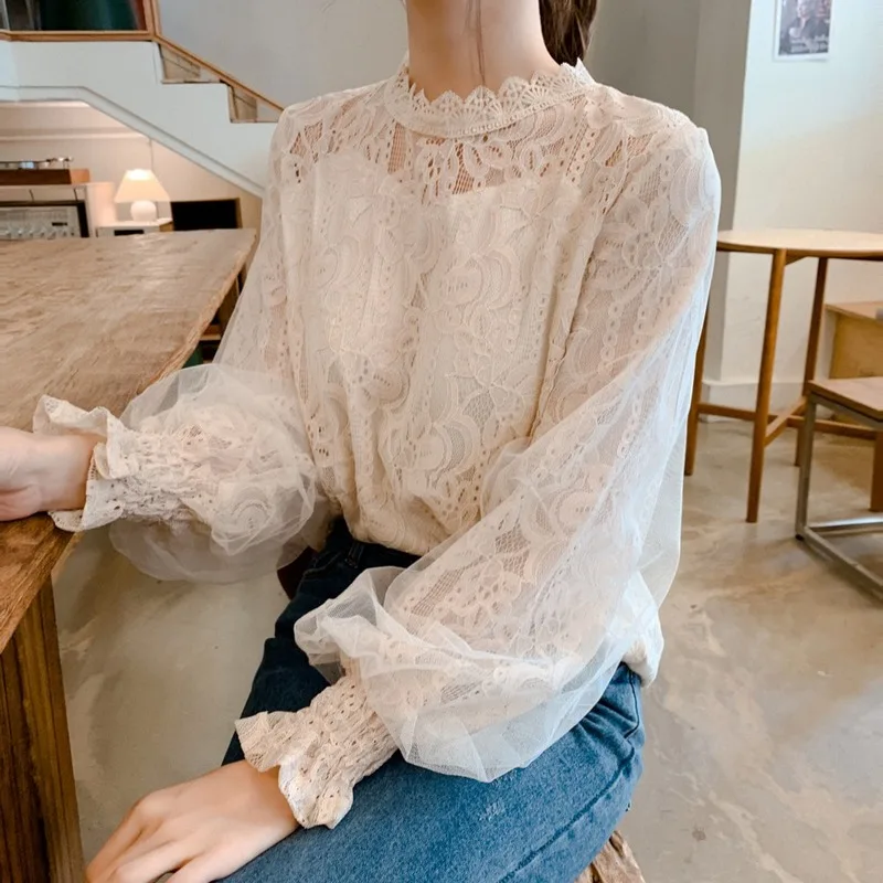 

White Lace Mesh tops Women Lantern Sleeve Stand Collar Long Sleeve t-Shirts Spring Autumn New Fahsion Solid Colors Casual Tops