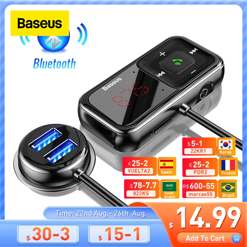 Baseus Car FM Modulator Bluetooth Adapter FM Transmitter 3.1A USB Car Charger Bluetooth 5.0 Aux Wireless Audio MP3 Player