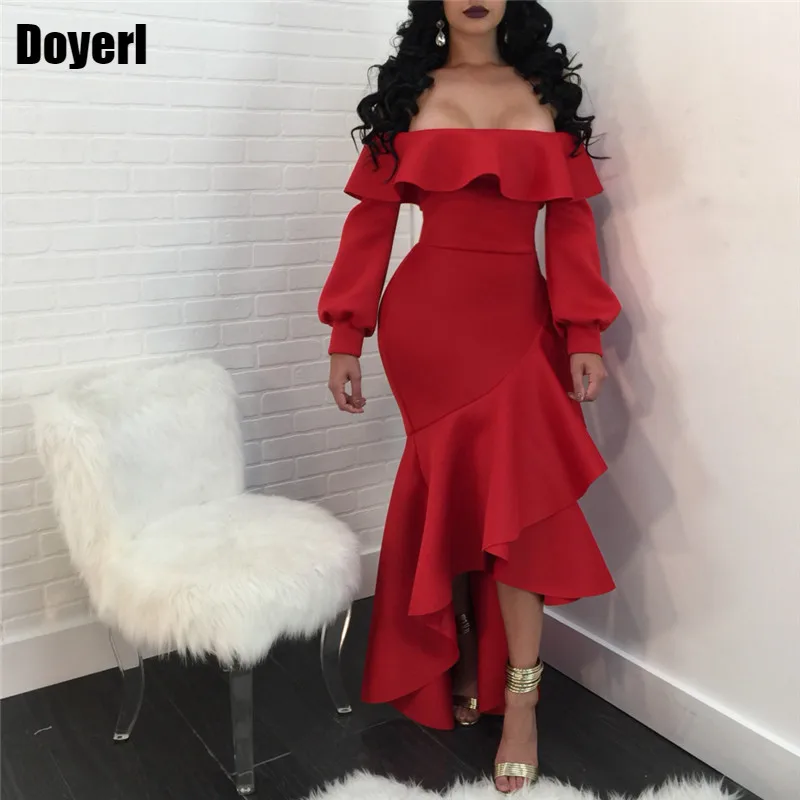

Off the Shoulder Mermaid Maxi Dress Women Autumn Winter Long Sleeve Slash Neck Ruffle Sexy Elegant Evening Prom Party Dresses