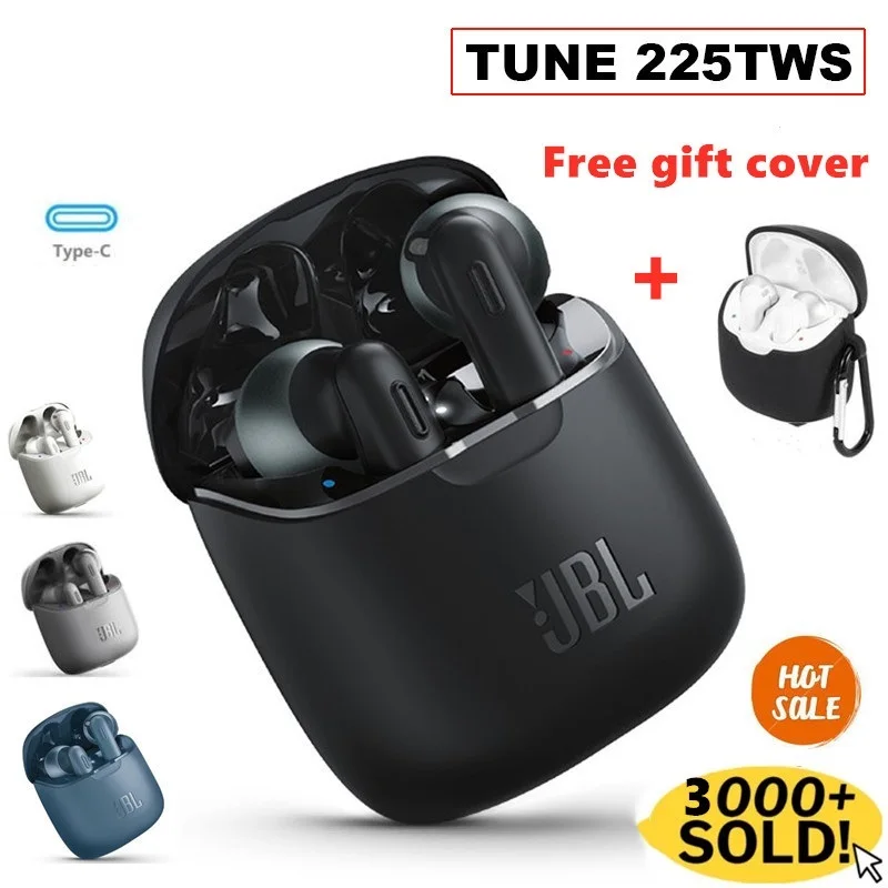 

Original JBL TUNE 225TWS Wireless Bluetooth Earphones JBL T225TWS Stereo Earbuds Bass Sound Headset Mic Headphones + Free cover